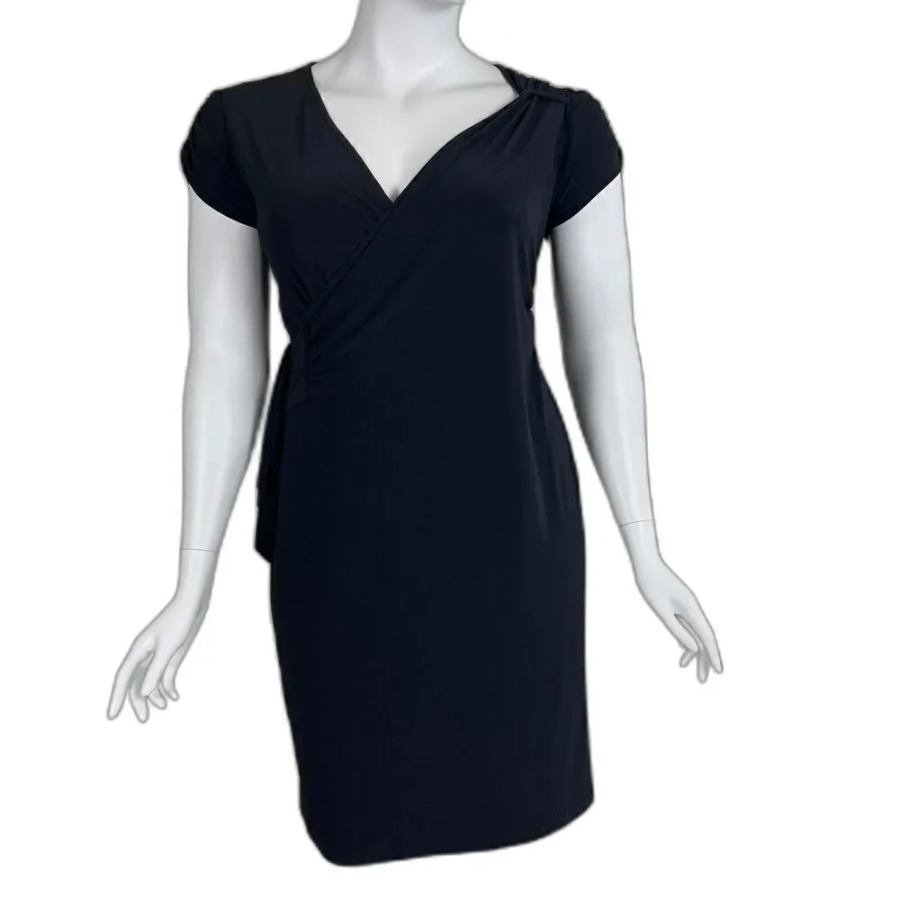 Joseph Ribkoff Womens Size 14 Black Faux Wrap Sheath Slinky Dress Minimal Office